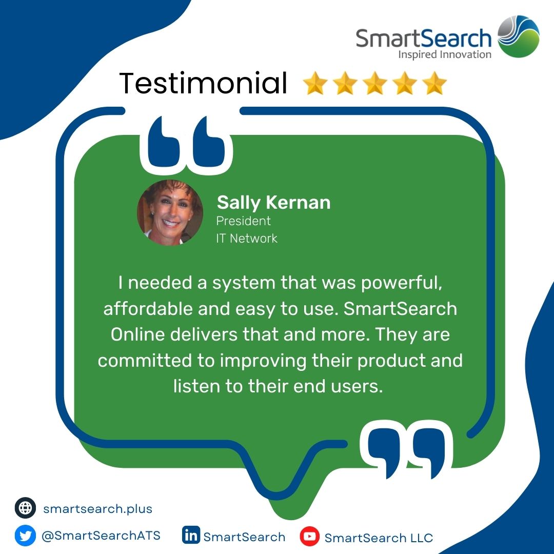SmartSearchATS's tweet photo. When you need a technology solution that’s virtually “future proof” look no
further than SmartSearch. Here's an honest review from Sally Kernan, president of IT Network, one of our loyal partners.
Book a demo now: https://t.co/lT4sjHqPB0
#ClientTestimonial #SmartSearchATS https://t.co/LFzmpCtHGt