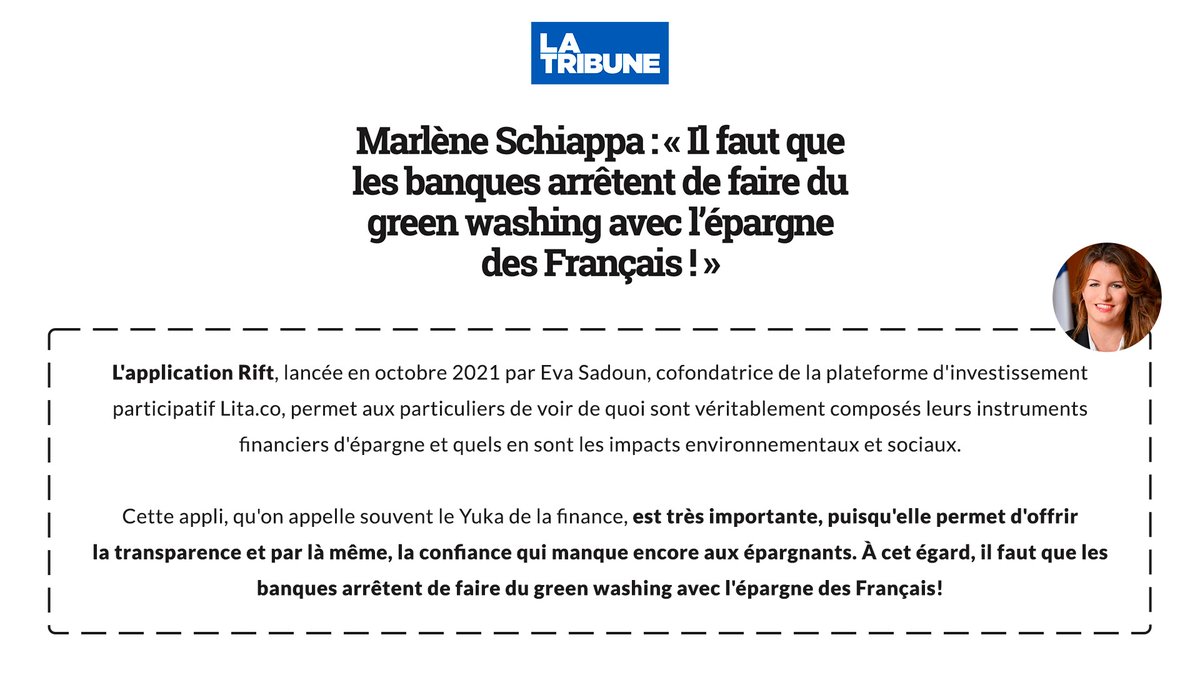 Rift (@rift_app) on Twitter photo Quand une membre du gouvernement fait l’éloge de Rift dans son interview… 👀
Dans son entretien avec <a href="/LaTribune/">La Tribune</a>, <a href="/MarleneSchiappa/">🇫🇷 MarleneSchiappa</a> a fait un panorama des solutions financières durables et a entre autres parlé de notre application, un outil de transparence” très important”. Quand une membre du gouvernement fait l’éloge de Rift dans son interview… 👀
Dans son entretien avec <a href="/LaTribune/">La Tribune</a>, <a href="/MarleneSchiappa/">🇫🇷 MarleneSchiappa</a> a fait un panorama des solutions financières durables et a entre autres parlé de notre application, un outil de transparence” très important”.