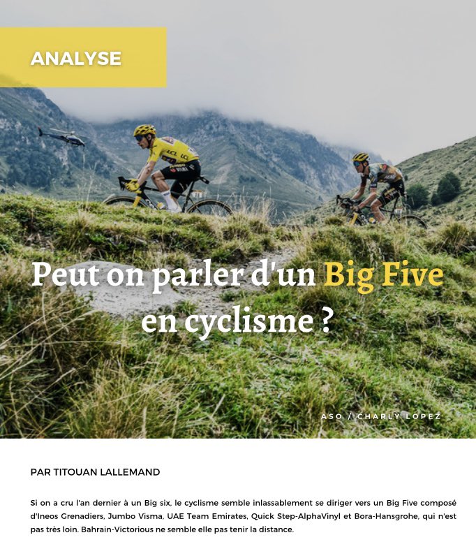 VeloFute's tweet photo. Ineos🇬🇧, UAE🇦🇪, Jumbo Visma🇳🇱, QuickStep🇧🇪 et Bora-Hansgrohe🇩🇪 : ces 5 équipes dominent le World Tour depuis quelques années. Si Bahrain Victorious suivait en 2021, elle a lâché ce « big five » qui se détache. Décryptage dans notre #VelofuteMagazine 📊
👉🏻https://t.co/wu7syzIemh https://t.co/ugRqzRfifj