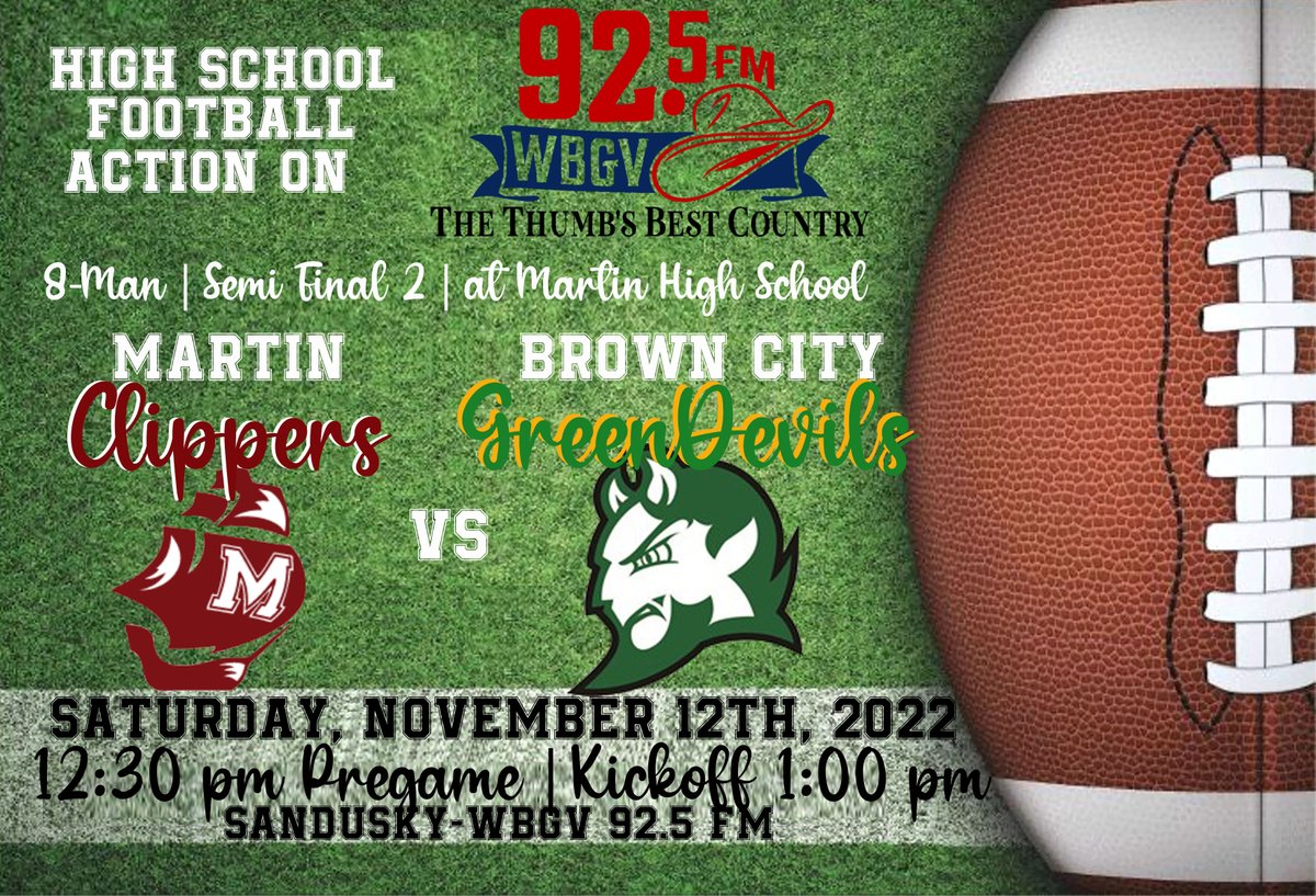 Sanilac Broadcasting Radio (@radiosanilac) on Twitter photo Live Radio Broadcast
WBGV 92.5 FM
sanilacbroadcasting.com/listen-live/
Saturday, Nov 12th
12:30pm
MHSAA - HS 8 Player Football
Division 1 State Semi-Final
Brown City Greendevils
at
Martin Clippers
<a href="/greendevilsfb/">Brown City Football</a>
<a href="/bcgreendevils/">Brown City Community Schools</a>
<a href="/MartinClippers/">Martin Public School</a>
<a href="/MHSClipperfball/">Martin Clipper Football</a> Live Radio Broadcast
WBGV 92.5 FM
sanilacbroadcasting.com/listen-live/
Saturday, Nov 12th
12:30pm
MHSAA - HS 8 Player Football
Division 1 State Semi-Final
Brown City Greendevils
at
Martin Clippers
<a href="/greendevilsfb/">Brown City Football</a>
<a href="/bcgreendevils/">Brown City Community Schools</a>
<a href="/MartinClippers/">Martin Public School</a>
<a href="/MHSClipperfball/">Martin Clipper Football</a>