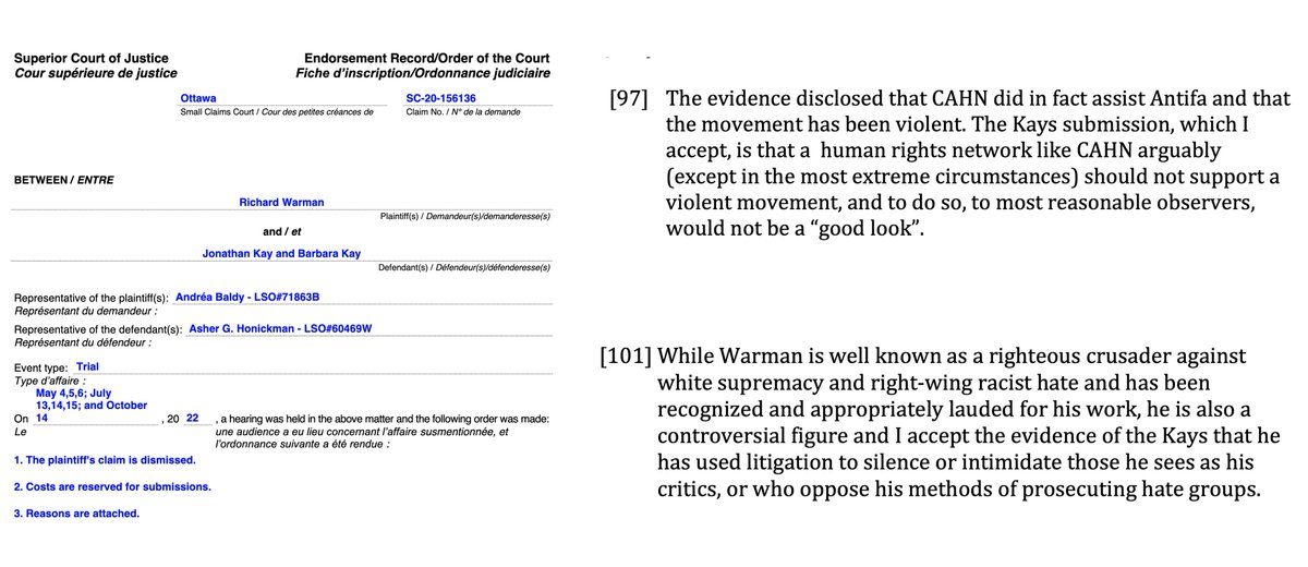In 2019 I was sued for libel by a director of <a href="/antihateca/">Canadian Anti-Hate Network</a>. He claimed <a href="/BarbaraRKay/">Barbara Kay</a> &amp; I linked CAHN to "violent antifa.” Judgment released today: Claim dismissed. Judge: (1) CAHN *does* assist antifa; (2) CAHN director has used courts to stifle detractors (tho failed in this case)