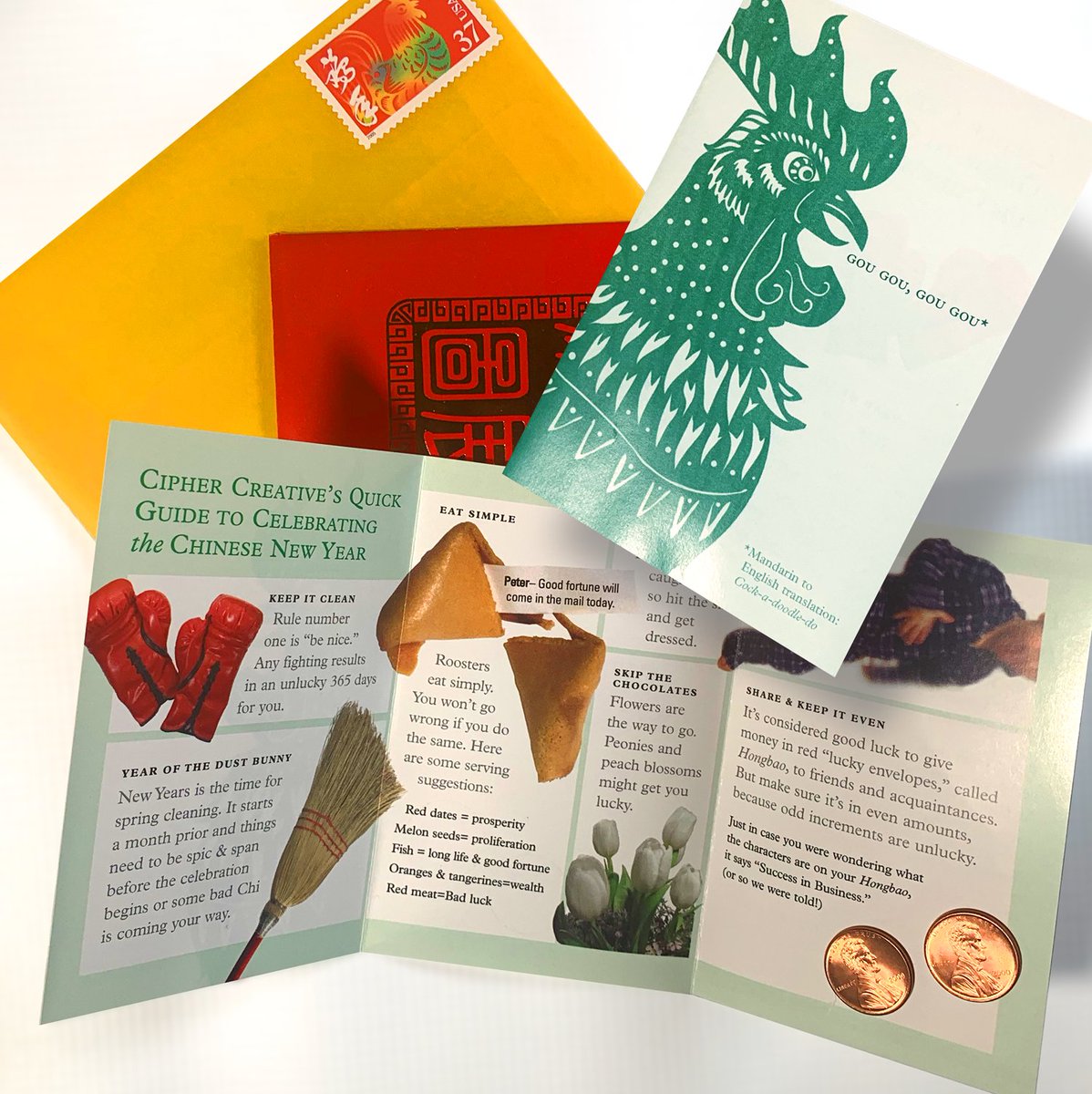 ciphercreative's tweet image. No, it's not Chinese New Year! It's another blast from the past. The first ever promotional mailer for Cipher Creative. Filled with fun facts about the holiday, a personalized fortune cookie saying, two shiny pennies and even a photo of my son dancing in his PJs!
