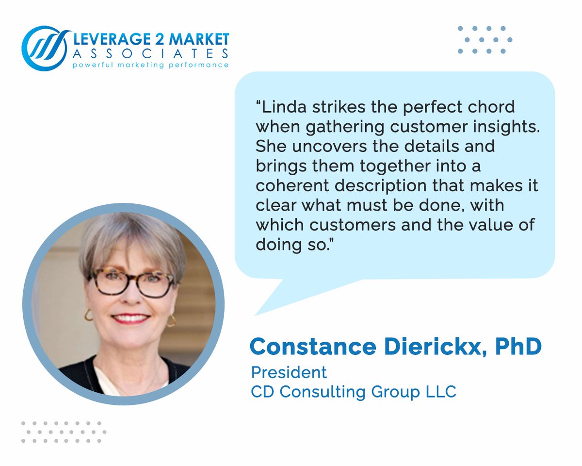 When acquiring consumer insights, Linda hits the right note, says Constance Dierickx.
#Leverage2Market #strategicmarketing #businessconsultants #L2Mtestimonials