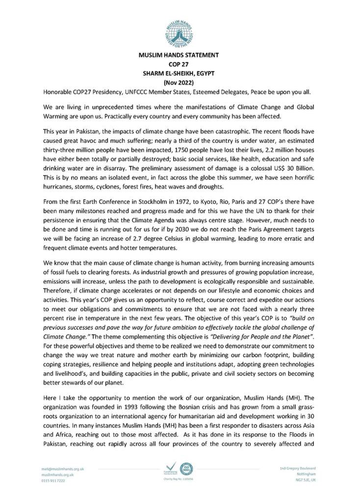 mhclimateaction's tweet photo. Muslim Hands statement - #COP27
Sharm El-Sheikh, Egypt
(Nov,2022)
#muslimhand #TogetherForImplementation #cop27egypt #climateactionpk #climatechange #ClimateActivist #gogreen🌱 #savehumanity #PRECOP27 #saveearth #ClimateJustice #ClimateTwitter #sdgs https://t.co/Z9Mu9mv9aM