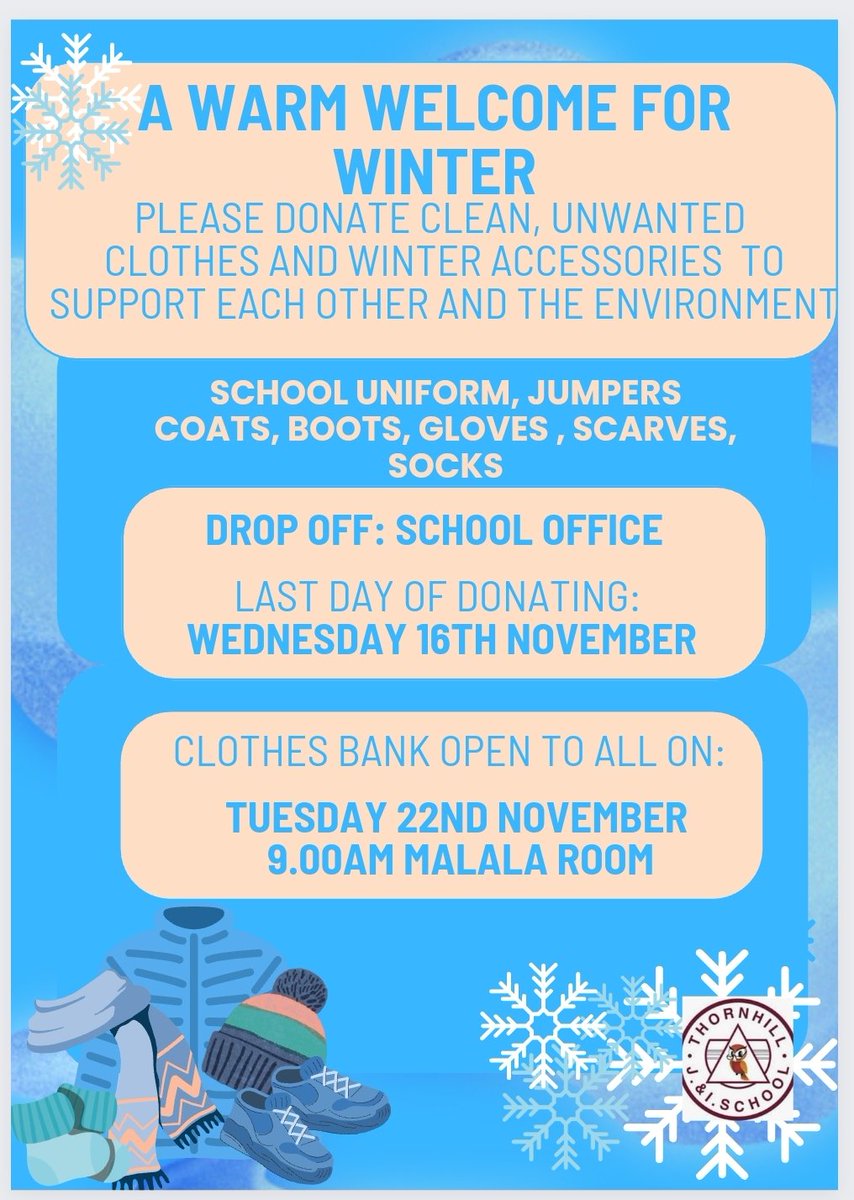 We want to make sure all of our community is ready for winter. If you have any pre-loved, warm clothing, please drop off at the school office by Friday 16th November. Our clothes bank will be open to all on Tuesday 22nd November 😊❄ #TeamTJI #together <a href="/FriendsofTJI/">Friends Of Thornhill J&I</a> <a href="/FocusTrust1/">Focus Trust</a>