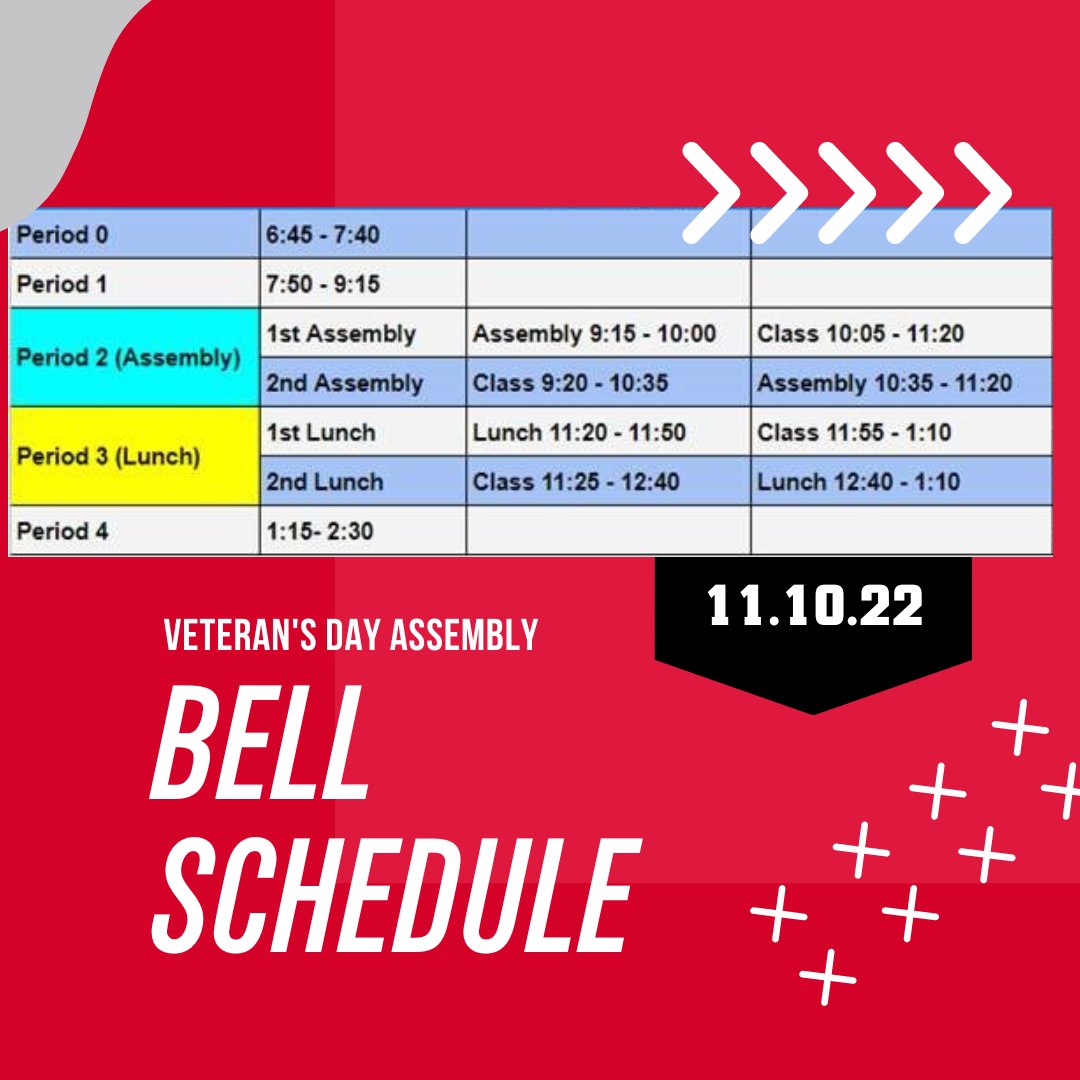 Our Veteran's Day Assembly will occur during your 2nd period today. Please see the bell schedule to know when to be where! #thankaveteran #honorourveterans #choosegreatness
