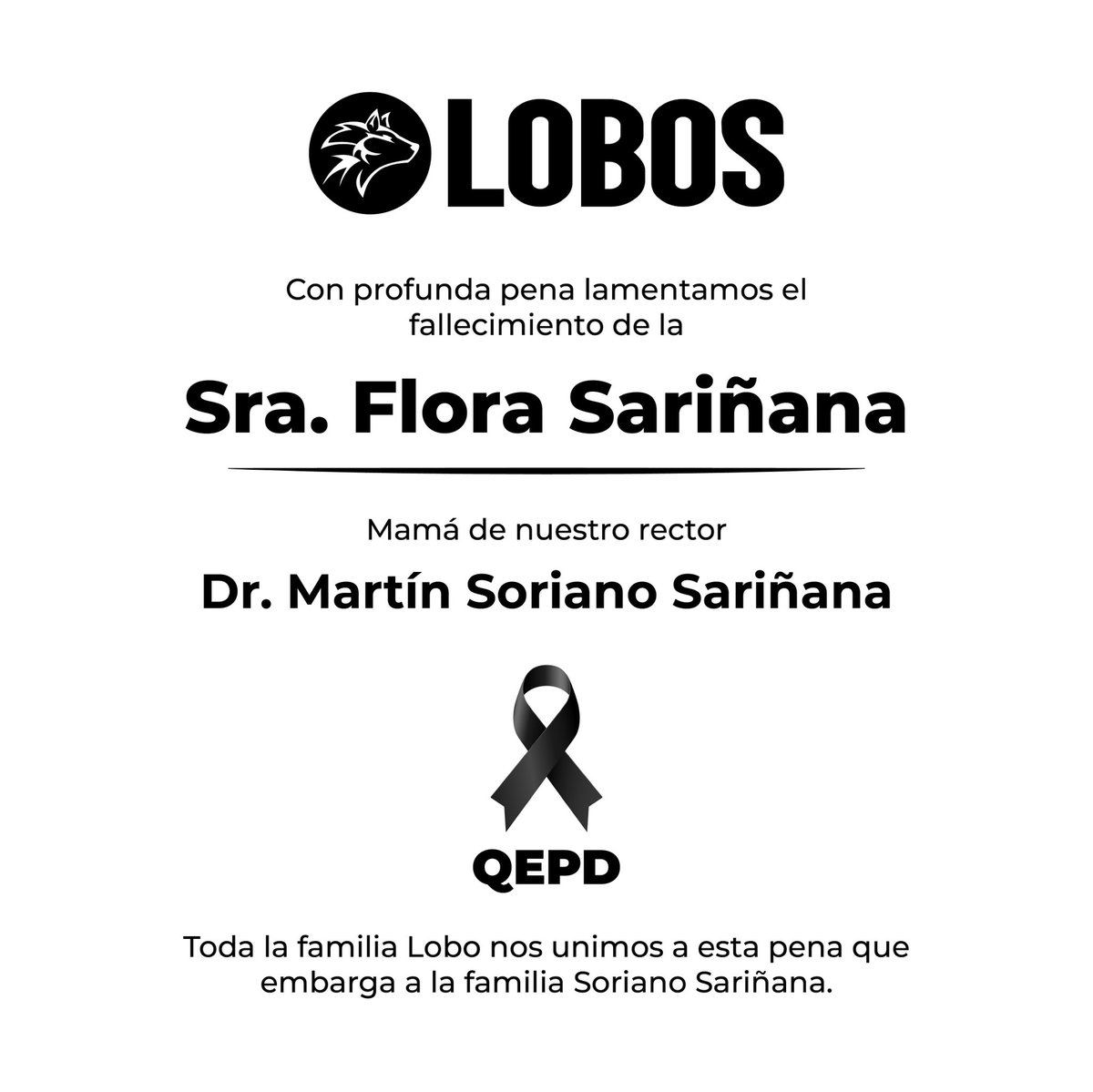 lobosuadmx's tweet photo. La familia lobo nos unimos a la pena de la familia Soriano Sariñana por el sensible fallecimiento de la Señora Flora Sariñana.
Mamá de nuestro rector Dr. Martín Soriano Sariñana.

Siempre en nuestros corazones https://t.co/Uq64ZEzNbD
