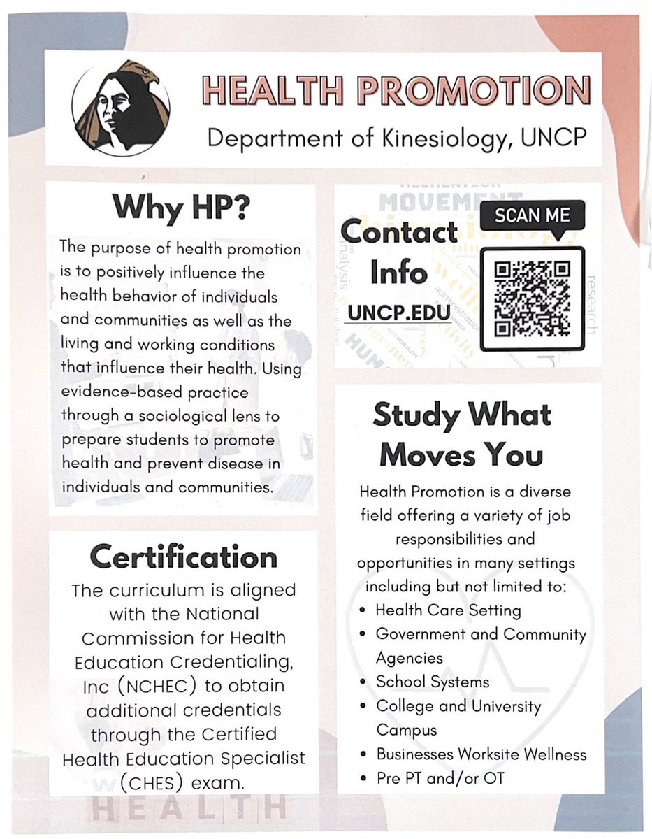 uncphawks's tweet photo. Are you an incoming student who is undecided on your major? Check out the Department of Kinesiology’s Health Promotion major! 

If you’re an existing student, consider double majoring! A Health Promotion degree can help you especially if you are Pre-PT or Pre-OT!🏥🩺

#UNCP https://t.co/SdyVrWUiRa