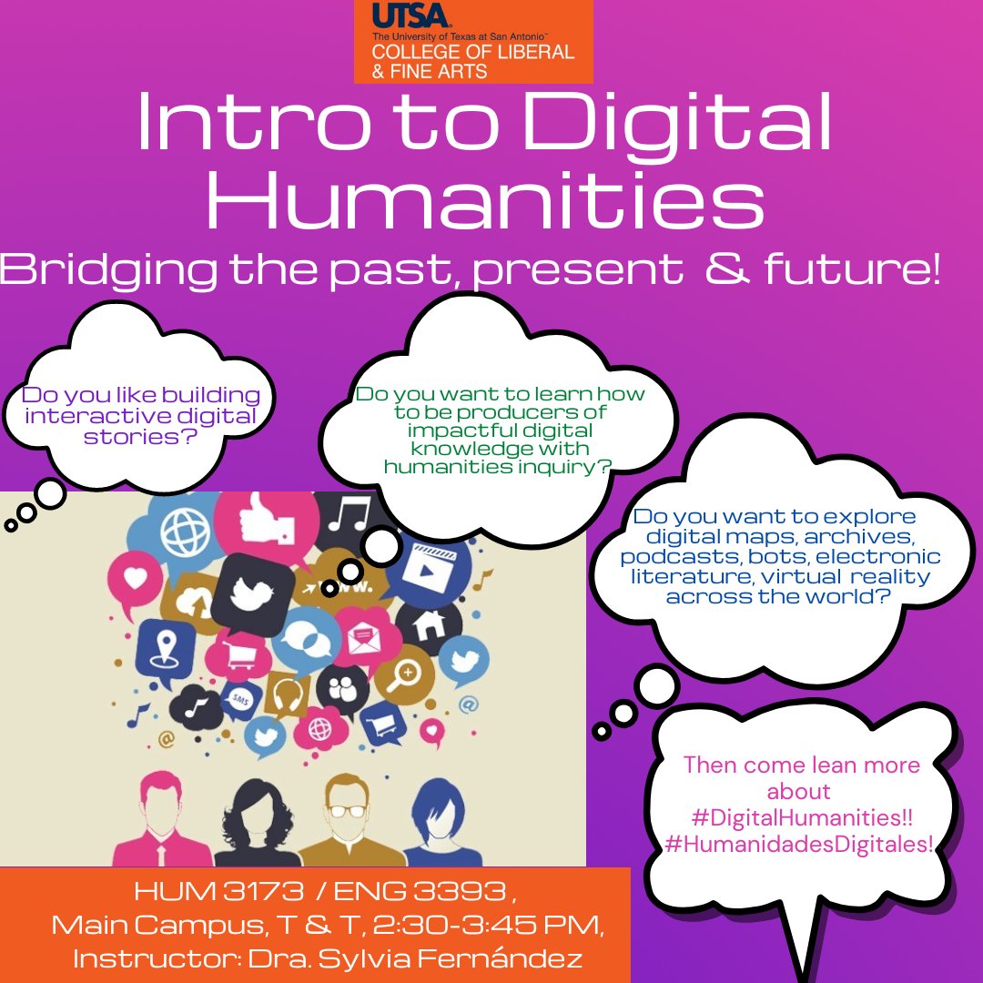 Sylvia Fernández Quintanilla (@sferna109) on Twitter photo Spring23 will be full of exciting courses <a href="/UTSACOLFA/">UTSA College of Liberal and Fine Arts</a> <a href="/UTSAEnglish/">UTSA English</a>! What, when, where, how to do #DigitalHumanities #HumanidadesDigitales? Join me in this interdisciplinary course to learn from various approaches, creators/thinkers & tools! #DHinUTSA #BorderlandsDH #MultilingualDH Spring23 will be full of exciting courses <a href="/UTSACOLFA/">UTSA College of Liberal and Fine Arts</a> <a href="/UTSAEnglish/">UTSA English</a>! What, when, where, how to do #DigitalHumanities #HumanidadesDigitales? Join me in this interdisciplinary course to learn from various approaches, creators/thinkers & tools! #DHinUTSA #BorderlandsDH #MultilingualDH
