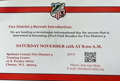 Fire District 3 is hosting a recruitment informational day for anyone that is interested in becoming a Part Paid Member for Fire District 3. Please be sure to RSVP and join them this Saturday, November 12 at 8am to learn more!