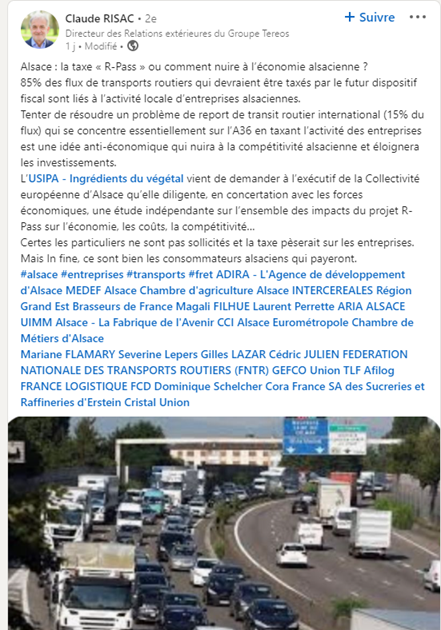 Publication LinkedIn de Claude RISAC au sujet de la taxe PL.

Retrouvez sa publication sur : linkedin.com/posts/claude-r…