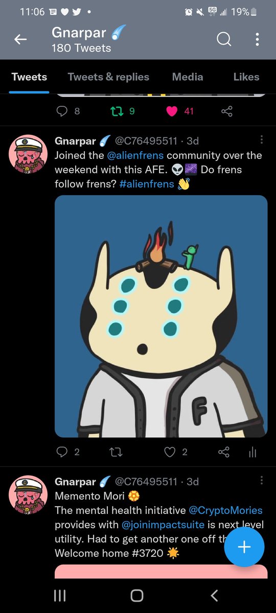 Look at this engagement from @CryptoMories compared to <a href="/alienfrens/">alien frens</a>. I recently bought 1 #AFE, and barely got a reaction. Meanwhile look at how my morie frens welcomed … thanks #Frens #ForeverFren