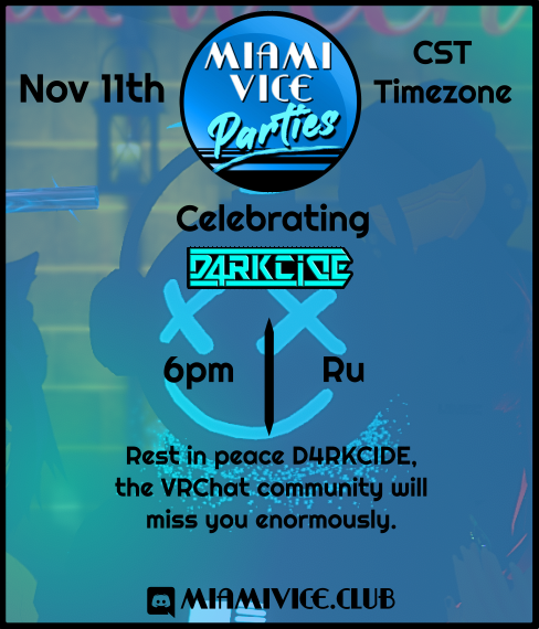 Tomorrow night, I'll be making my return early for a tribute to a legend of the VRC community, D4rkcide. He was one of the first, and one of the legends early on that encouraged me. Let's celebrate the man that brought us so many wonderful memories. Come dance with me kids 🙏❣️🐰