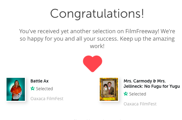 Good News! My comedy pilot BATTLE AX + my web series MRS. CARMODY &amp; MRS. JELLINECK: NO FUGU FOR YUGU are Official Selections @oaxacaPitch THANK YOU! <a href="/mrsjellineck/">Jellineck Webseries</a> @stowestorylabs <a href="/SeanDubravac/">Sean Dubravac</a> <a href="/dickiesanderson/">Richard Sanderson</a> <a href="/jenrayray/">Jen Ray</a> <a href="/ElizArends/">Elizabeth Arends</a> @timtrobec @cliffretallick @salmegeransar