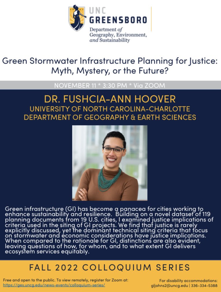 Please attend our final colloquium tomorrow at 3:30 on Zoom! Dr. Fushcia-Ann Hoover at UNC Charlotte will speak on "Green Stormwater Infrastructure Planning for Justice: Myth, Mystery, or the Future?" Please visit ges.uncg.edu/news-events/co… to register for the Zoom!