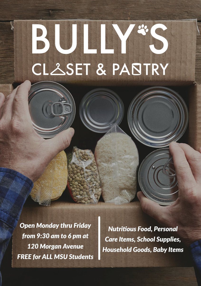 DrReginaHyatt's tweet photo. We all need help at some point or another. If you are a MSU student &amp; have missed a meal b/c you don’t have money or don’t have nutritious food to eat regularly or missed class b/c you don’t have feminine hygiene products, go to Bully’s Closet &amp; Pantry. We have you! #HailState https://t.co/5YSiDkRQRa