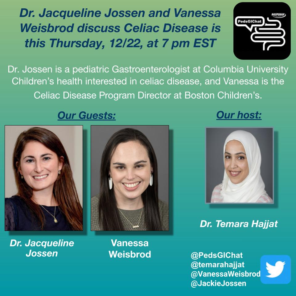 ➡️There's ANOTHER chat 🤩
✅Thursday @ 7pm EST ➡️discussing #CeliacDisease & #glutenfreediet
✅Ask our guests @JackieJossen & @VanessaWeisbrod all ur Qs❓& chime in 😊
@BeyondCeliac @CeliacDotOrg #GlutenFree #Gluten  #MedTwitter #GITwitter #livingglutenfree, #livingwithceliac