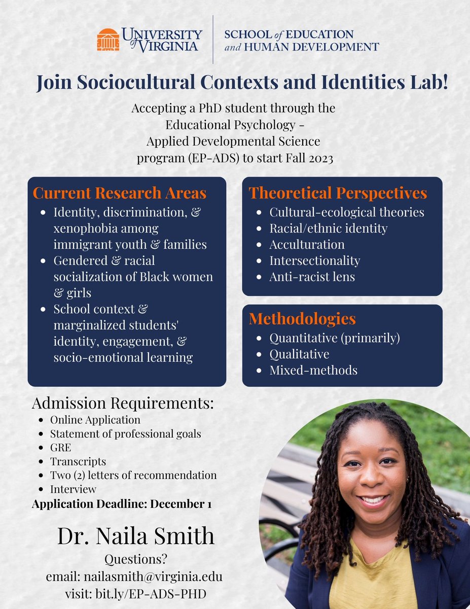 Naila Smith, PhD (@nailasmith) on Twitter photo I am recruiting a graduate student through the Educational Psychology- Applied Developmental Science program <a href="/UVAEdu/">UVA School of Education and Human Development</a> to start Fall 2023. Application Deadline: Dec 1. Interested applicants please email me at nailasmith@virginia.edu to set up a time to chat! I am recruiting a graduate student through the Educational Psychology- Applied Developmental Science program <a href="/UVAEdu/">UVA School of Education and Human Development</a> to start Fall 2023. Application Deadline: Dec 1. Interested applicants please email me at nailasmith@virginia.edu to set up a time to chat!