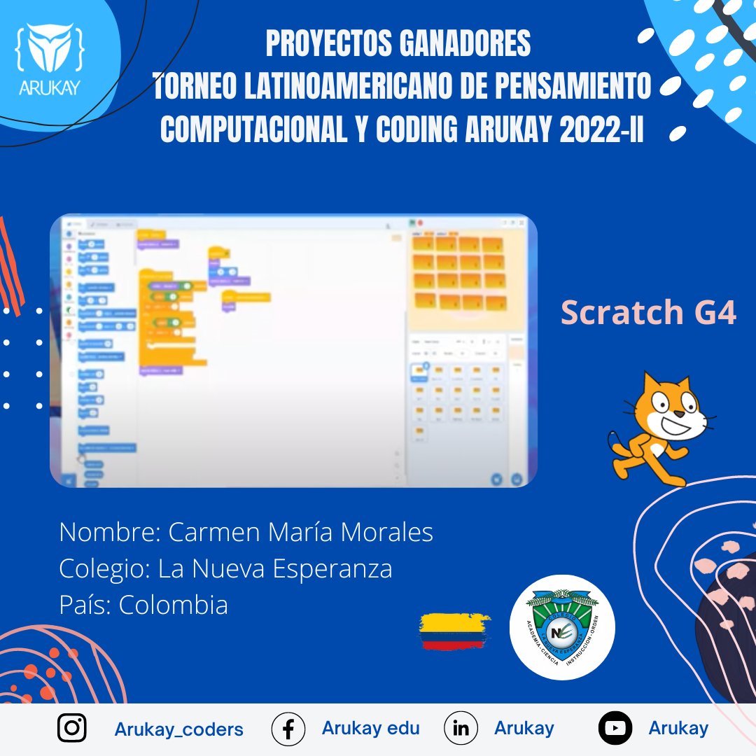 ArukayEdu's tweet image. 🥇Felicitamos a Carmen María Morales, estudiante del  Colegio @LaNueEsperanza, Colombia, al ser galardonada con el primer puesto en su categoría #ScratchG4, al realizar proyecto en que el usuario pudiera encontrar parejas de cartas, en #TorneodeProgramación #Arukay