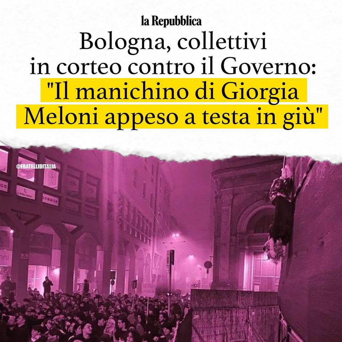 Decantano libertà e scatenano la violenza. Denunciano la violazione della libertà della donna e ostentano un fantoccio del presidente <a href="/GiorgiaMeloni/">Giorgia Meloni</a> a testa in giù. Non vedo possa esserci un’immagine più violenta, offensiva e lesiva dell'immagine femminile di questa. #Meloni