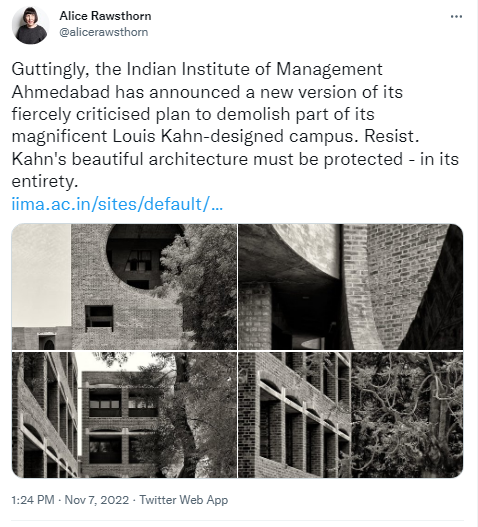 TedGrunewald's tweet photo. BREAKING: 
#UrgentHistoricPreservationAlert
#InternationalHistoricPreservationAlert
#DemolitionAlert

#preservation #HistoricPreservation #CulturalHeritage

The 2020 plan to demolish/gut Louis Kahn's Indian Institute of Management is renewed:
https://t.co/2BG7fk1Urr https://t.co/wEx1NwJ45G