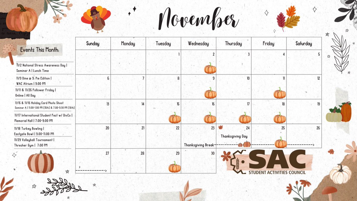 Check out the remainder of SAC’s event for November!! We have a variety of fun and engaging events on the way ranging from free international food to cosmic bowling to taking holiday photos with your friends! 🌎🍂🍁