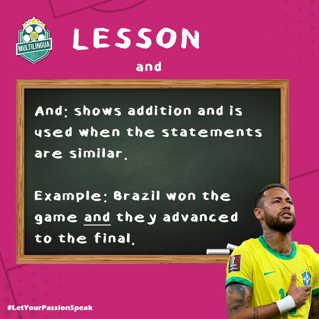 MultilinguaFC's tweet photo. #MFCLesson ⚽️✏️📚

When do we use 'and' or when do we use 'but'. 

Check this lesson to dribble your teacher and score a hat-trick in your English class. 😉

#EnglishThroughFootball
#LetYourPassionSpeak https://t.co/RkNlRZCzM9