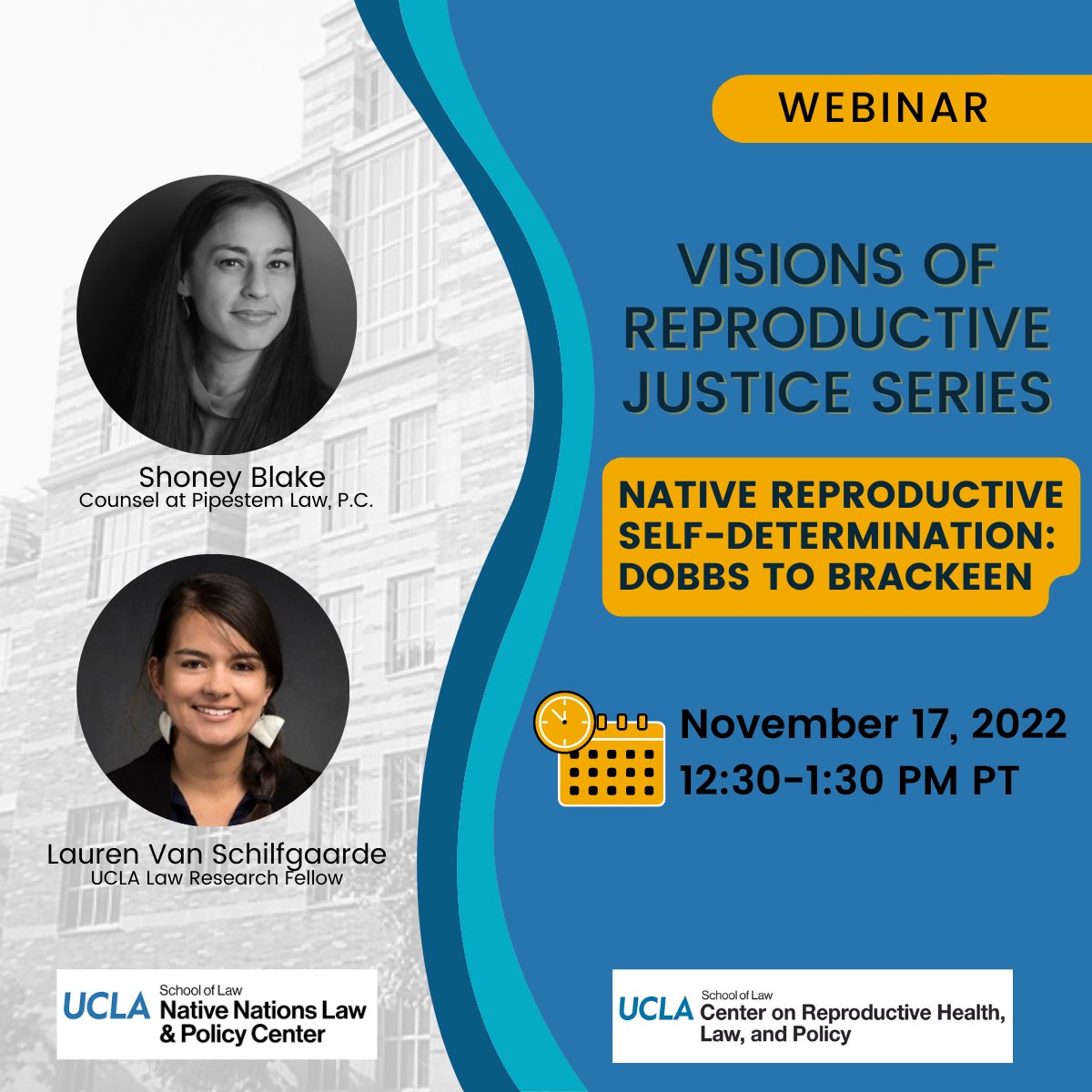 UCLA Law Center on Repro Health, Law, & Policy (@uclarepropolicy) on Twitter photo We are excited to invite you to join us for the first event in our new Visions of Reproductive Justice Series, co-sponsored by <a href="/NNLPC_UCLALaw/">UCLA Native Nations Law & Policy Center</a>:
🏛️Native Reproductive Self-Determination: Dobbs to Brackeen on Nov 17, 12:30 PM PT
✅RSVP: ucla.zoom.us/webinar/regist… We are excited to invite you to join us for the first event in our new Visions of Reproductive Justice Series, co-sponsored by <a href="/NNLPC_UCLALaw/">UCLA Native Nations Law & Policy Center</a>:
🏛️Native Reproductive Self-Determination: Dobbs to Brackeen on Nov 17, 12:30 PM PT
✅RSVP: ucla.zoom.us/webinar/regist…
