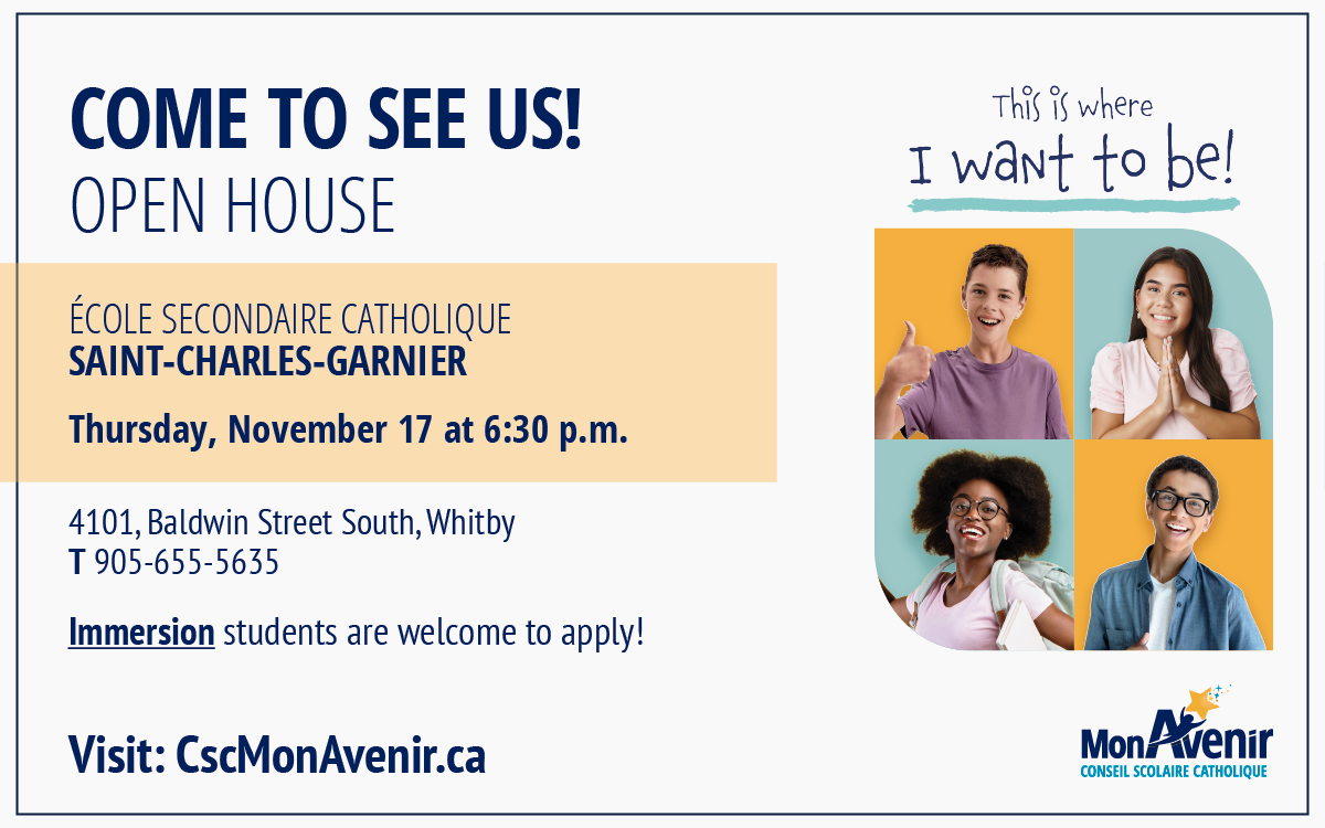 L'école vous invite à ses portes ouvertes jeudi prochain : 17 novembre à partir de 18h30. Faites passer le mot aux parents d'élèves de 6e année! Nous vous attendons en grand nombre. 
Offrez une éducation de langue française à votre enfant!
#portesouvertes