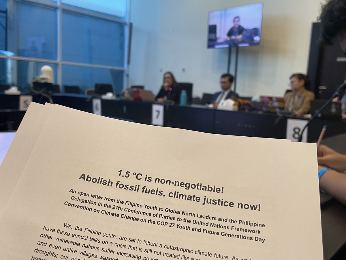 krishnariola's tweet photo. On #YouthDay at COP27, we submitted a Filipino youth statement to the Philippine Delegation, urging for an immediate fossil fuel phaseout and a just transition aligned with the 1.5C global targets. https://t.co/tvcC46cUSK