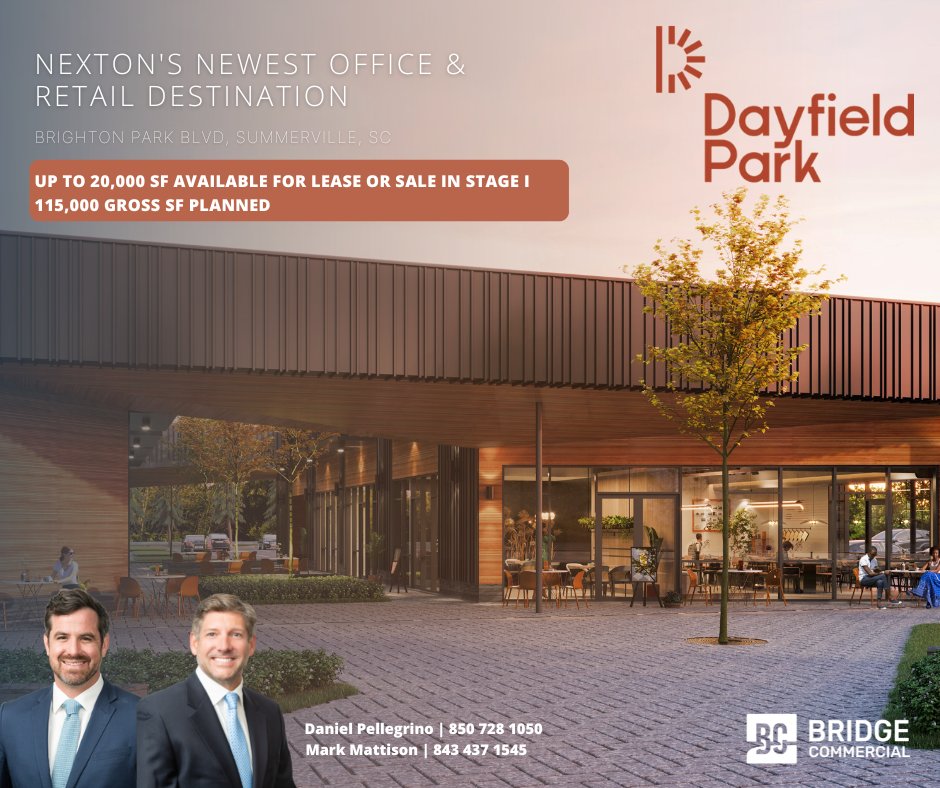 DAYFIELD PARK AT NEXTON, SUMMERVILLE

Welcome to Nexton's newest office and retail destination... 

Retail, office, and medical uses available for lease, or finished building sale. Up to 20,000 SF available for lease or sale in stage I and 115,000 gross SF planned.