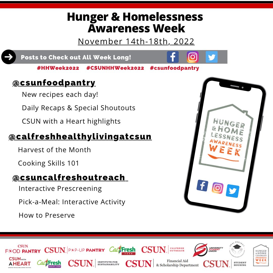 November 14-18 is Hunger and Homelessness Awareness Week. Join the Basic Needs Office all week long for a variety of events! Swipe to learn more information about what we have planned for the entire week!