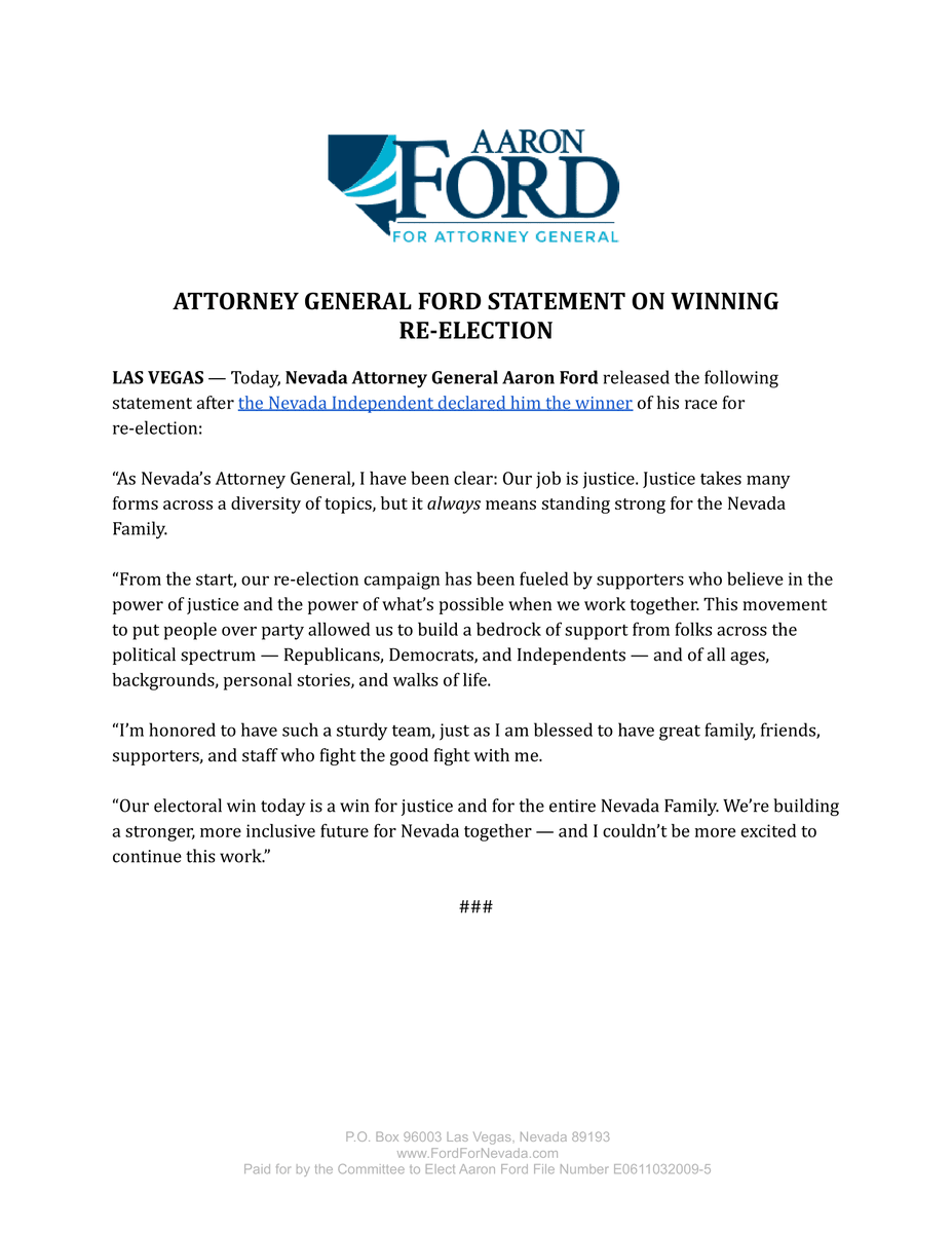 AaronDFordNV's tweet photo. Thank you, Nevada.

Our electoral win today is a win for justice and for the entire Nevada Family.

We're building a stronger, more inclusive future for Nevada together — and I couldn't be more excited to continue this work. https://t.co/IwDhoD1DiB
