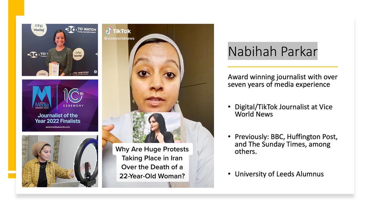 kareemeld's tweet photo. It was such a pleasure having multi-award winning Vice digital journalist @NabihahParkar (whom I’m a big fan of) in class to speak to @MFJS_DU students about the state of the industry, TikTok, writing, diversity, representation, tips for future journalists &amp; more. Thank you! 🙏🏾 https://t.co/WPE4wECJde