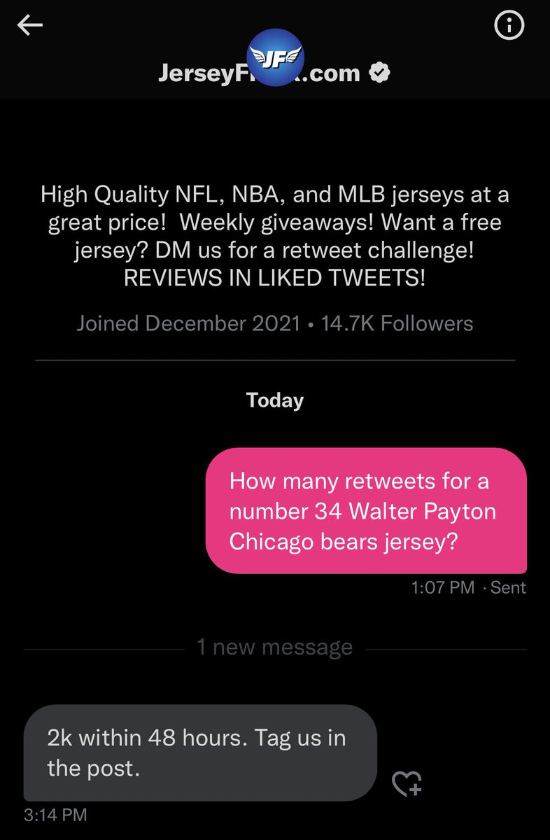 notbatmanyet's tweet photo. @paytonsun Gonna need a lot of help on this one. I’m trying to win my son Trey an @NFL Walter “Sweetness” Payton #34 @ChicagoBears jersey! 

Need 2,000 Retweets for @JerseyFlock to get it! 

Help meeeeeeeeeee!!!
#JerseyFlock https://t.co/7zAkwJSf8C