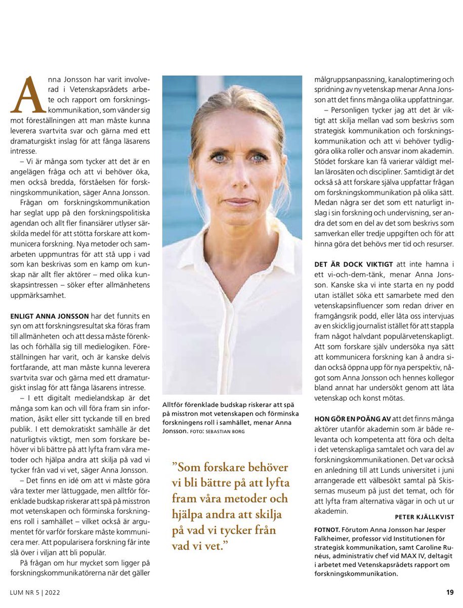 Mycket i media just nu som påminner om kampen om kunskap, och varför vi behöver öka förståelsen för forskning och också bredda synen på #forskningskommunikation. I senaste nr av LUM flera artiklar på temat, som t.ex denna #fokom #fopol #kampenomkunskap lu.se/artikel/forenk…