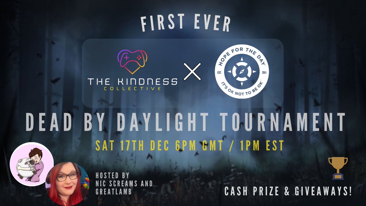 TKC will be going head to head next month in our first EVER <a href="/DeadByBHVR/">Dead by Daylight</a> tournament ✨✨✨

We’re raising money for <a href="/HopeForTheDay/">Hope For The Day</a> - mental health is something close to many of our hearts, especially as the holiday season nears. We cannot WAIT! 🎉 17th Dec 🗓️

Who’s excited? 👀