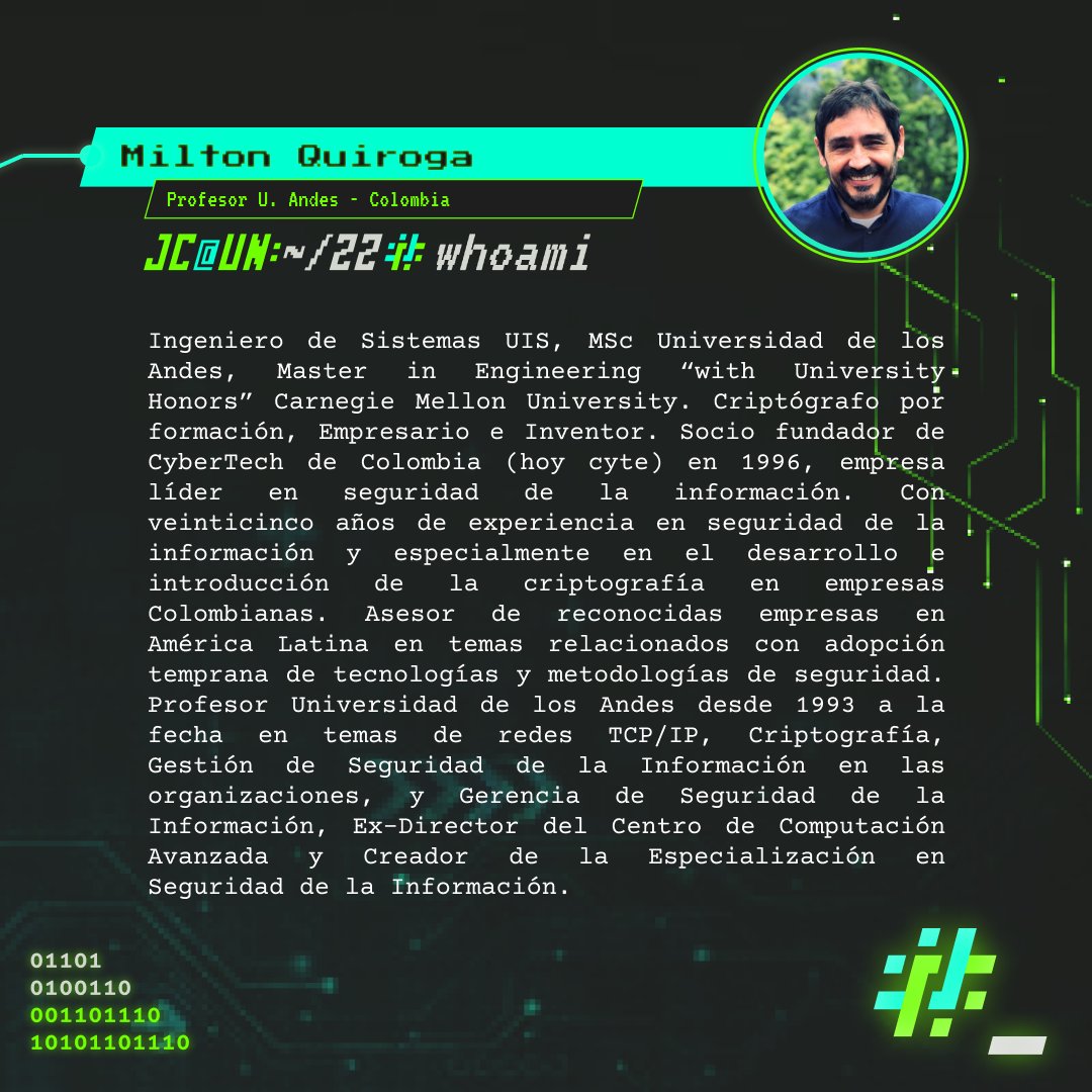 uqbarUN's tweet image. Presentamos a nuestro primer ponente y charla. El profesor Milton Quiroga de la @Uniandes (linkedin.com/in/miltonq) quien nos hablará sobre el advenimiento de la computación cuántica y su impacto en el mundo de la seguridad.

#JCUN2022 #Cibersecurity #Ciberseguridad