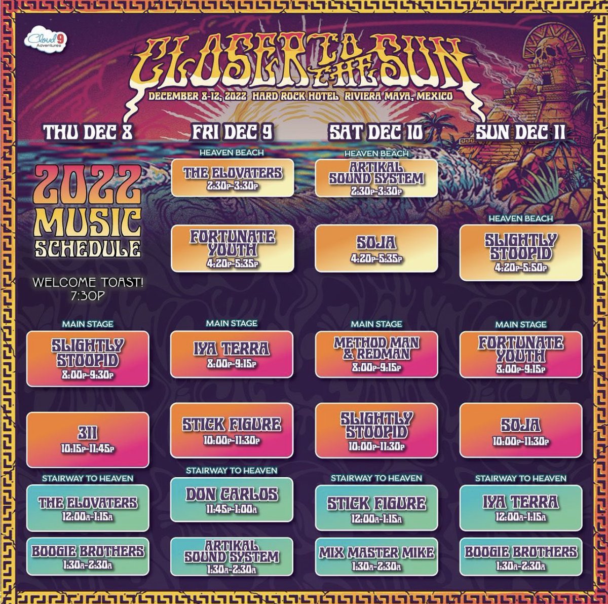 Silverback Music (@silverbackmusic) on Twitter photo The ☀️ 🎶 grid is locked!!!!
<a href="/closer2sun/">Closer to the Sun</a> 2022 🌊
See you real soon…#Stoopidheads #eselocos #stickfamily #fortunatefools #LetsGetThisPartyStarted
⠀
#slightlystoopid #closertothesun #ctts #mexico #imwithstoopid #silverbackmusic The ☀️ 🎶 grid is locked!!!!
<a href="/closer2sun/">Closer to the Sun</a> 2022 🌊
See you real soon…#Stoopidheads #eselocos #stickfamily #fortunatefools #LetsGetThisPartyStarted
⠀
#slightlystoopid #closertothesun #ctts #mexico #imwithstoopid #silverbackmusic