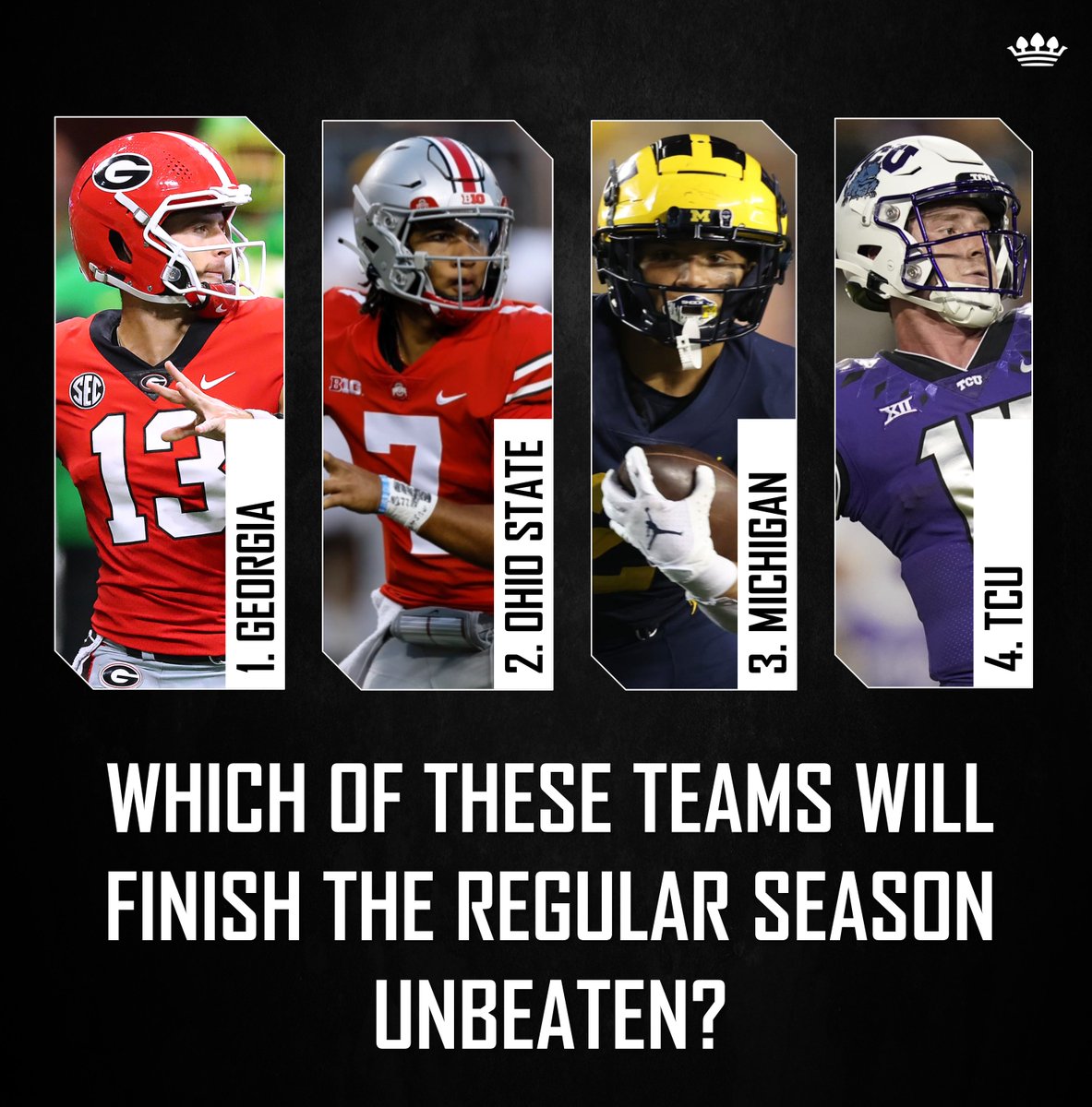 The final four unbeaten teams complete the top four of the latest College Football Playoff rankings.

#collegefootball #ncaa #ncaafootball  #collegefootballplayoff #cfp #undefeated #georgia #bulldogs #ohiostate #buckeyes #michigan #wolverines #tcu #hornedfrogs #football https://t.co/PSZ8f8sRe4