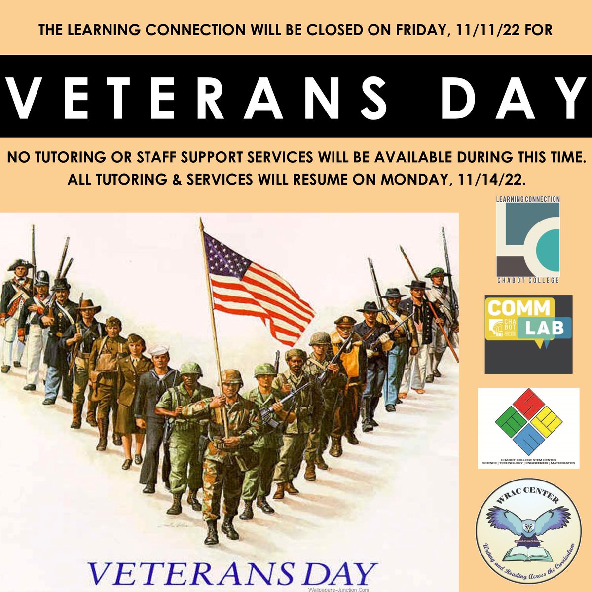 Chabot_LC's tweet image. We'll be closed tomorrow for Veterans Day.

#chabotcollegelearningconnection #chabotlearningconnection #learningconnection #chabotcommlab #chabotcollegecommlab #commlab #chabotstemcenter #chabotcollegestemcenter #stemcenter #chabotcollegewraccenter #chabotwraccenter #wraccenter