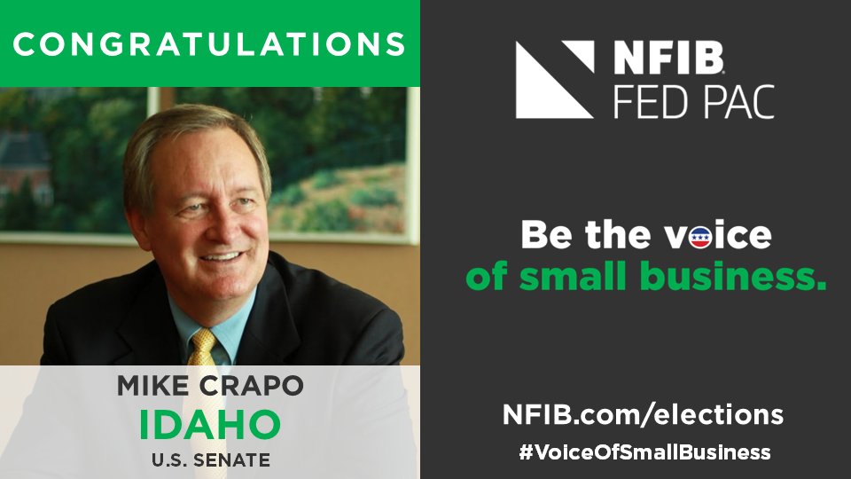 NFIB's tweet photo. Congratulations @crapoforsenate on your re-election! We are excited to continue working with you as the #VoiceofSmallBusiness in Congress. #IDSen #Idaho #Election2022 https://t.co/d5e1oHayoj
