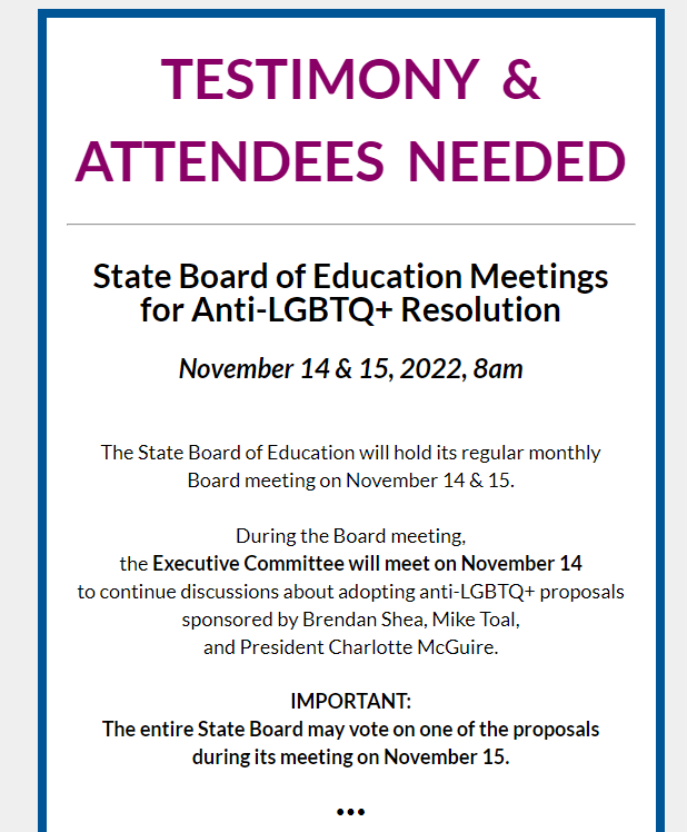 ErinInTheMorn's tweet photo. Ohio results aren't even finalized and already they are bringing back anti-trans policies!

On Monday Nov 14 and Tuesday Nov 15, the board of education is expected to bring back its anti-trans bathroom ban, misgendering rules, and more!

PLEASE show up EARLY if you live in Ohio! https://t.co/R5zjzBcHU2