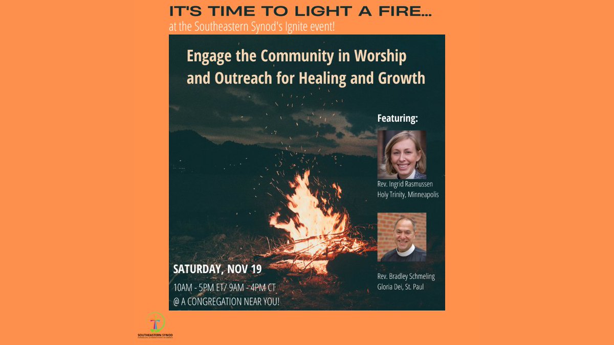 SESynod's tweet photo. IGNITE Evangelism event:  
https://t.co/ERlpqG6bc6

Join us for the Southeastern Synod IGNITE event on Saturday, November 19, 2022, 10am-5pm ET / 9am-4pm CT via ZOOM.

Sign up here:  https://t.co/0oqsiRqahx https://t.co/H3lYld822K