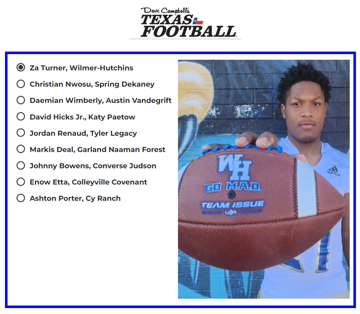 Cast your vote for Zadrian Turner: Wilmer-Hutchins High School for the 2022 Whataburger Super Team 
texasfootball.com/whataburger-su…

Check out my film
hudl.com/video/3/181622…

Go M.A.D.
Go Make A Difference
<a href="/dallasathletics/">Dallas ISD Athletics</a> 
<a href="/Whhseaglenation/">WilmerHutchinSports</a> 
<a href="/Jarvis2Turner/">JT</a> 
<a href="/KCEaglesAC/">Coach Johnson AC Raul Quintanilla MS</a> 
<a href="/zaturner21/">Zadrian Turner</a>