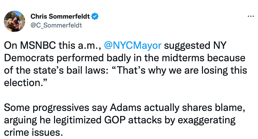 Hard to overstate how enraging it is to see heartless Eric Adams, whose singular focus as NYC Mayor has been lying loudly about bail reform, blame the exceptionally successful law itself, instead of *his own campaign of FEAR in alliance w/ GOP*, for democratic losses in NY.