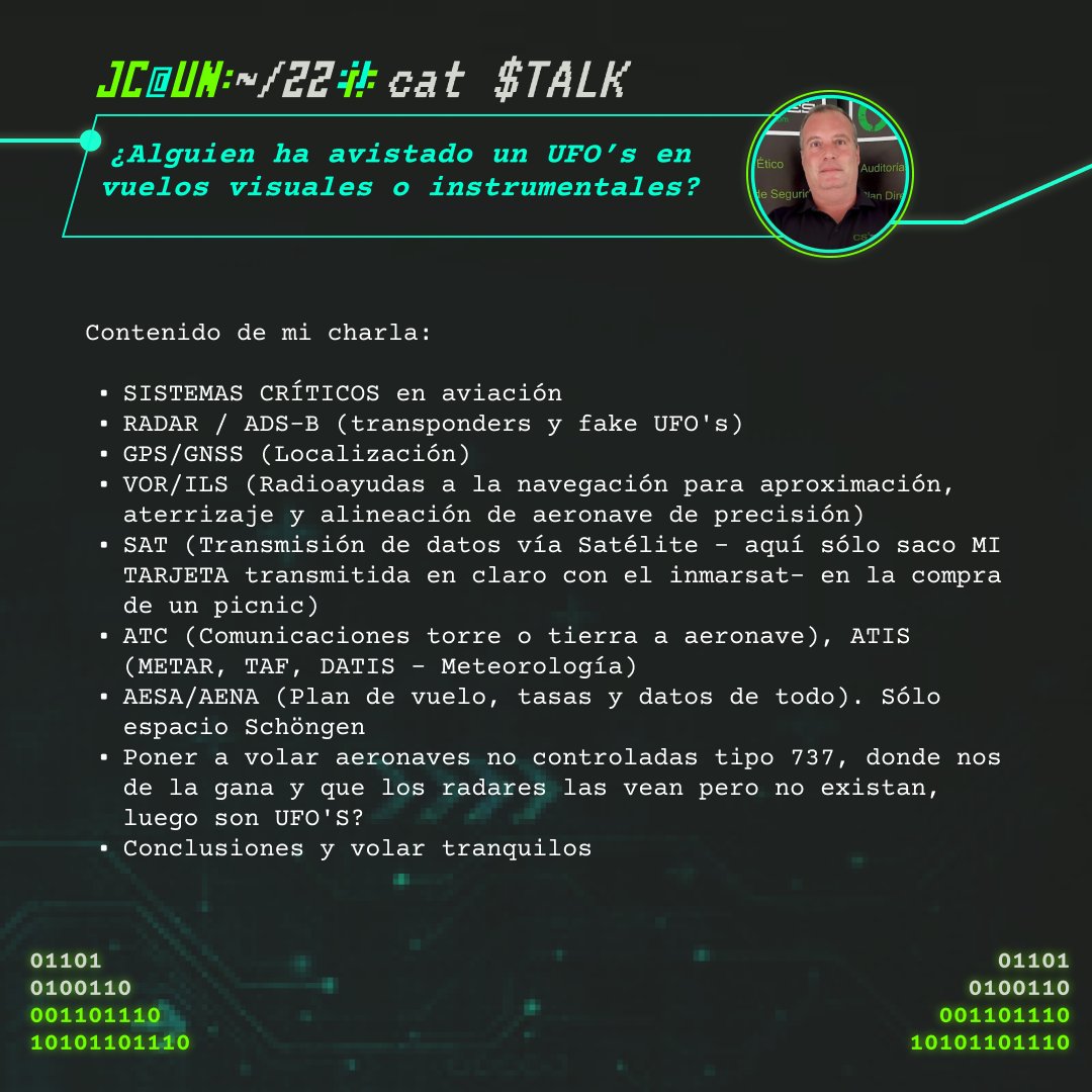 uqbarUN's tweet image. Nuestro segundo ponente viene desde España. Seguro que muchos conocen a @NN2ed_s4ur0n que nos hablará sobre hacking en sistemas de aviación, toda una pasada...

No te pierdas su charla en el #JCUN2022 

#Cibersecurity #Ciberseguridad