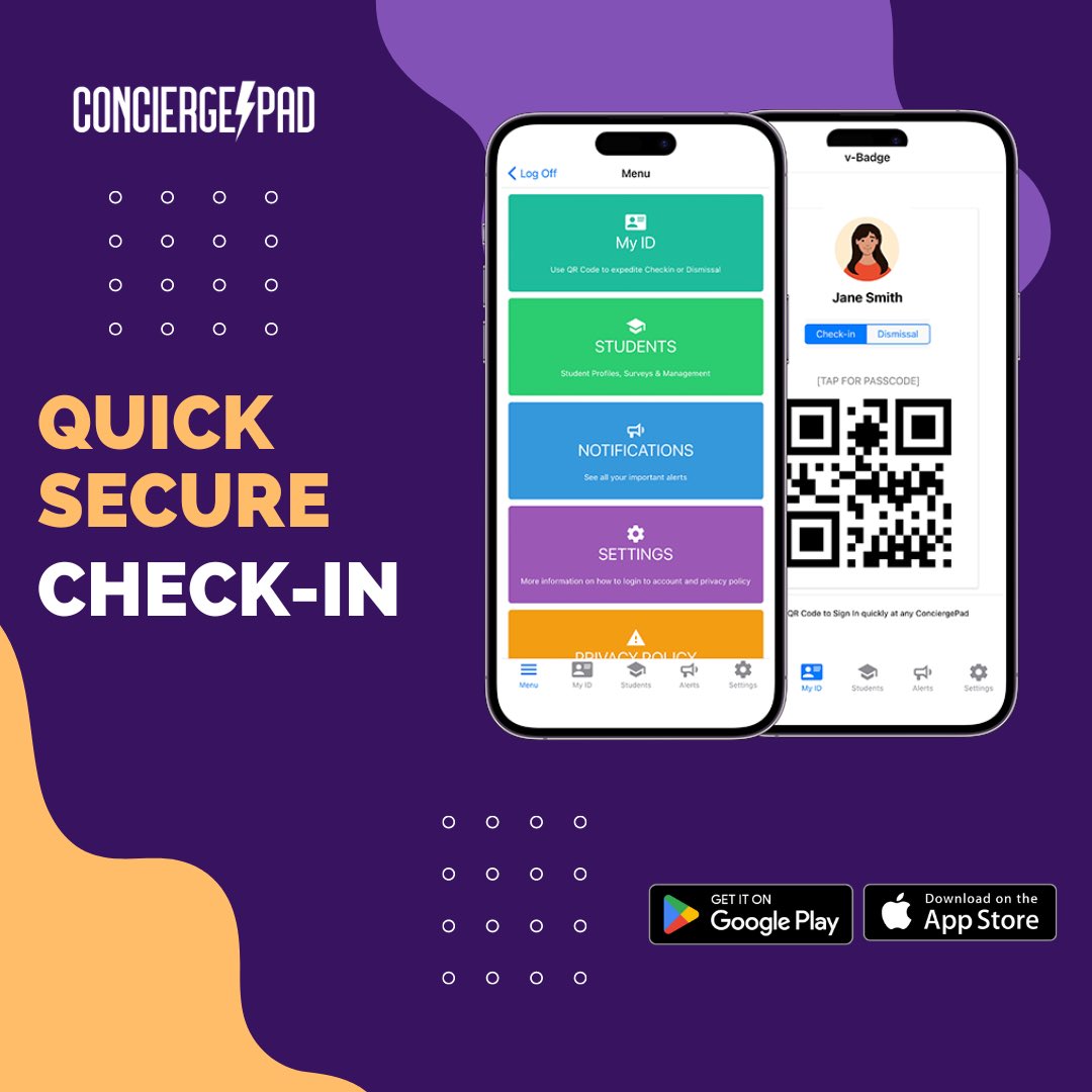 getconciergepad's tweet image. Students, parents and visitors can now use our digital badges for attendance or to checkin ⚡️ #tardypass #earlyrelease #quickcheckin #schoolsafety @CSUSAhq @Academica @MaterAcademy