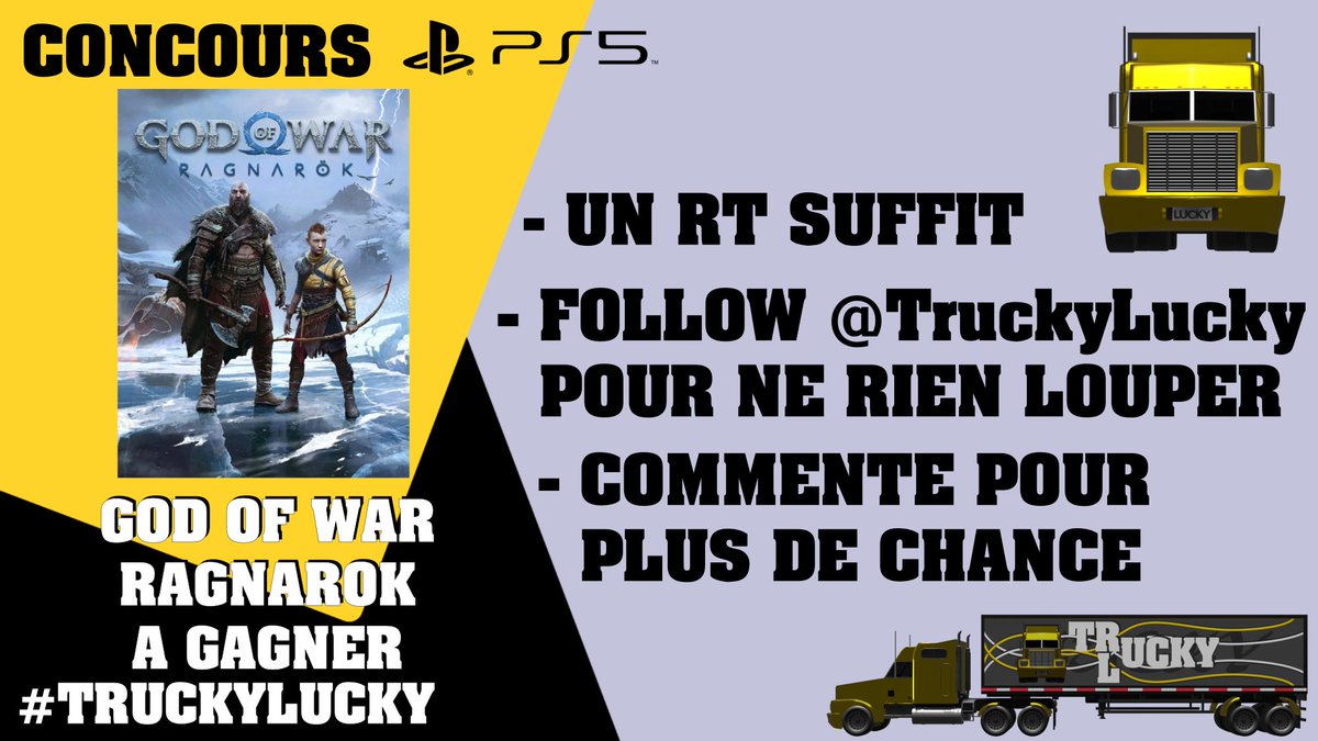 TruckyLucky's tweet photo. #Concours #Jeu
🎁🎮Gagnez 1 exemplaire du jeu #GodofWarRagnarok !
Exclusivité #PS5

- 1 #RT suffit

🍀Plus de chances :
📲Sur l'app :
https://t.co/YMxqrtVo3d
💬Commentez avec mentions

Suivez @TruckyLucky pour plus de concours.

#JeuConcours #GodofWar #PlayStation #GOWRagnarok https://t.co/aak7wMBEll
