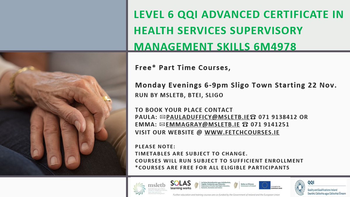 LEVEL 6 QQI ADVANCED CERTIFICATE IN HEALTH SERVICES SUPERVISORY MANAGEMENT SKILLS 6M4978
Free* Part Time Courses, ​
Monday Evenings 6-9pm Sligo Town Starting 22 Nov.​
RUN BY MSLETB, BTEI, Sligo fetchcourses.ie/course/finder...
